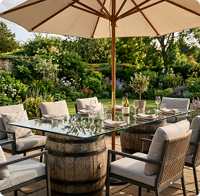 Large glass top for wine barrel dining table on a sunny outdoor patio with umbrella