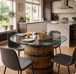 Round glass top for wine barrel dining table in a bright contemporary kitchen