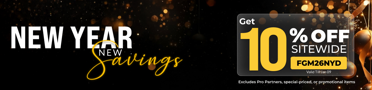 New Year savings banner offering 10% off sitewide with festive gold accents and limited exclusions text.