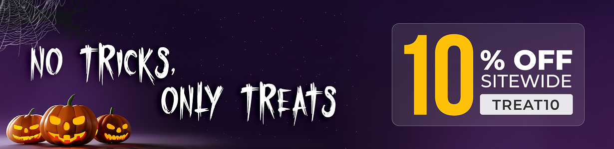 Halloween sale banner with glowing pumpkins, cobwebs, and text No Tricks, Only Treats