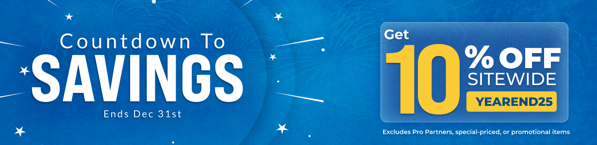 Blue promotional banner advertising 10% off sitewide using code YEAREND25, valid until December 31st, with festive star accents.